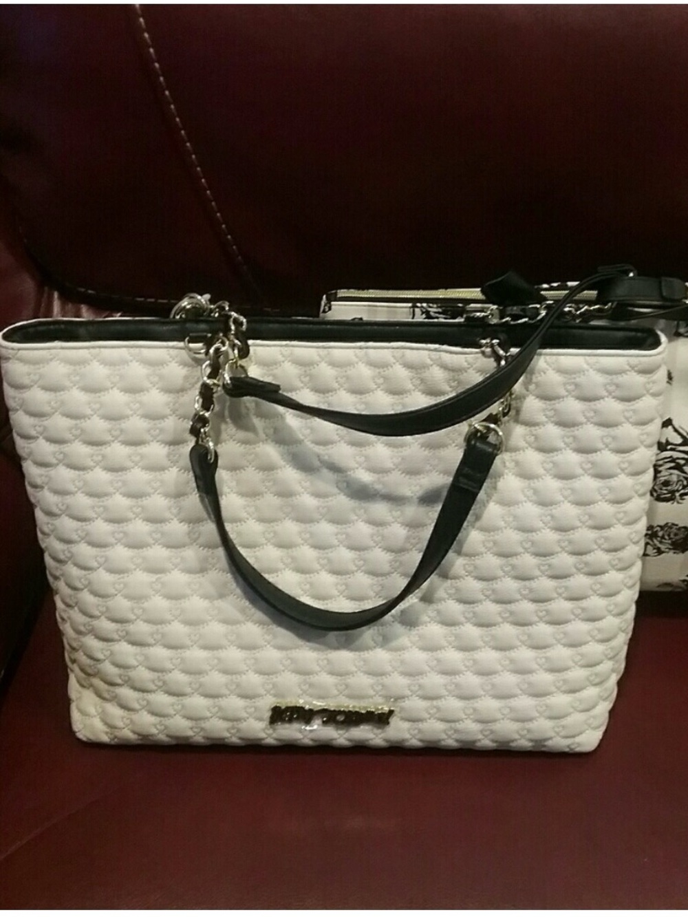 Betsey Johnson White Quilted Leather Tote with Black Trim and Handles